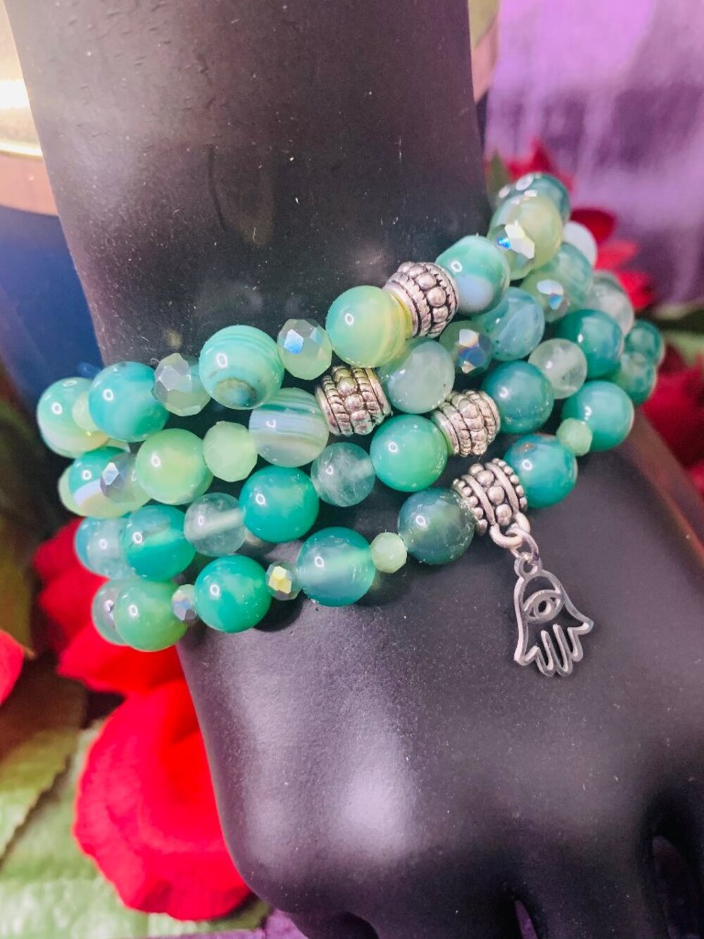 Evil Eye Charm, Striped Agate, Fluorite, Aventurine & Pewter Bracelet Set